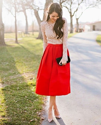 Lace top and red midi skirts