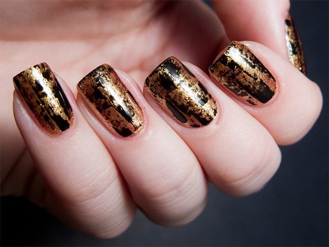 Black Nail Polish With Gold Design