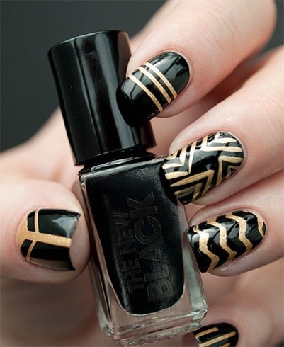 Black Nail With Gold Stripe