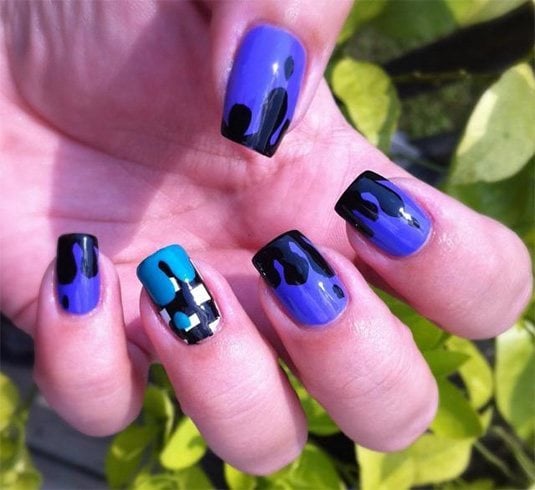 Blue and Black Nail Art for Long Nails