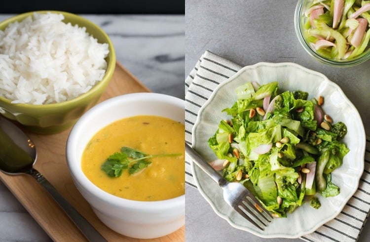 Dal with steamed rice and green salad