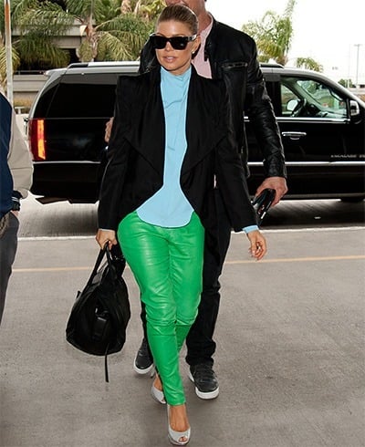 Fergie in green leather pants