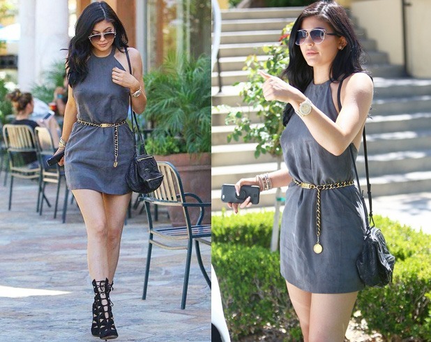 Kylie Jenner in grey mini dress