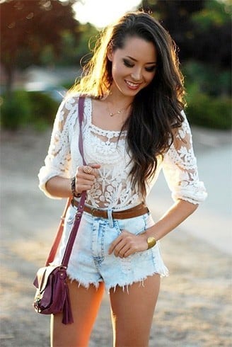 Lace top with high waisted shorts