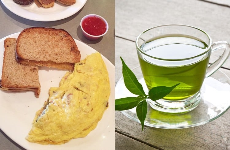 Omelet with bread and green tea