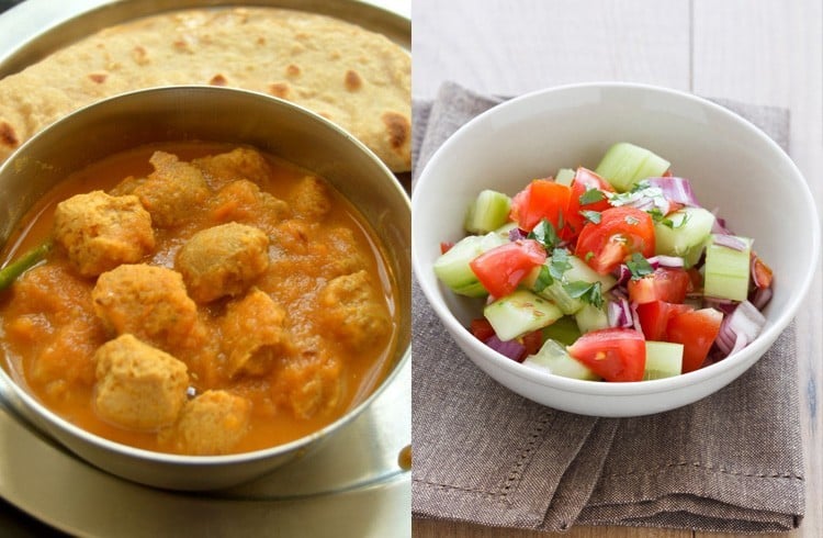 soya curry with chapattis and salad
