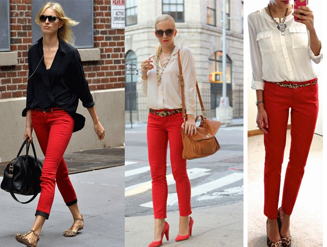 Red pants white shirt women on Stylevore