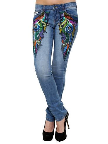 Hand-painted Doodled Feather Jeans