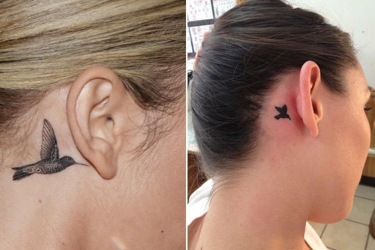 Small Hummingbird Tattoo Behind the Ear