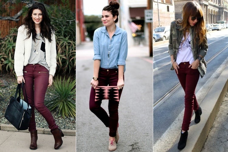 Colored jeans outfits wine 41+ Burgundy