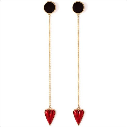 Black Enamel Earrings With Dangling Red Heart