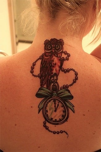 Clock and owl tattoo