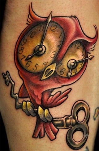 Owl with clock and key tattoo