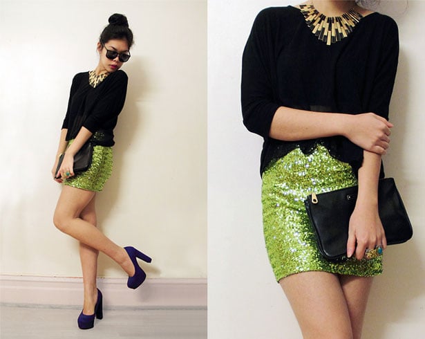 Green Sequin Skirt With A Black Chiffon Top