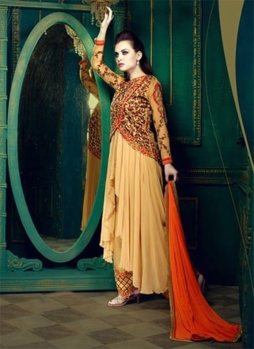 Jacketed anarkalis with neutral toned straight pants