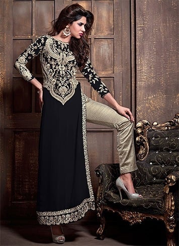 Straight pants with embellished asymmetrical kurtas