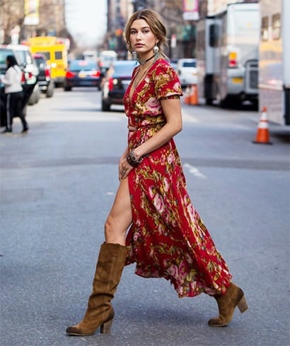 Hailey Baldwin knee high suede boots