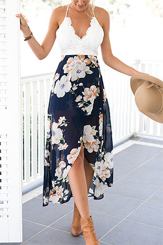 Wrap Front Floral Print Maxi Dress With Lace Details