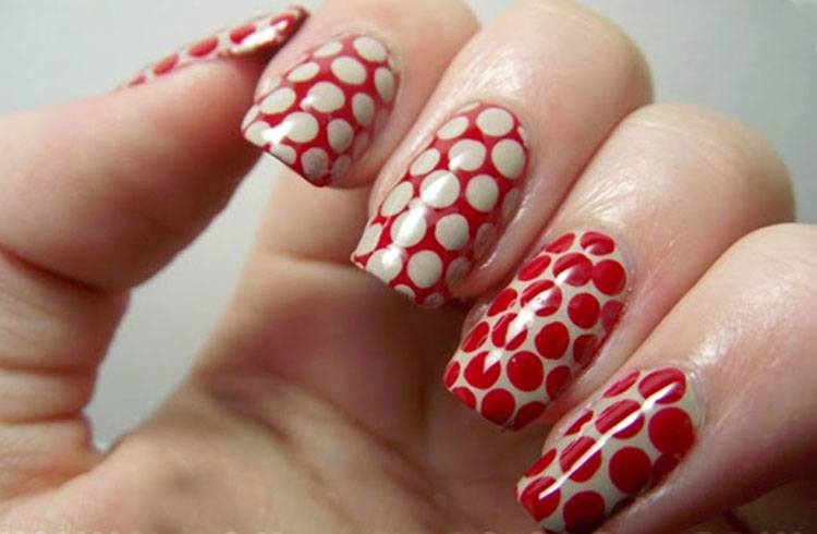 Red Nail Art With Polka Dots