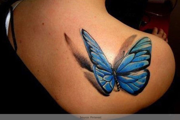 Beautiful Flowers And Blue Butterfly Tattoo On Left Back Shoulder