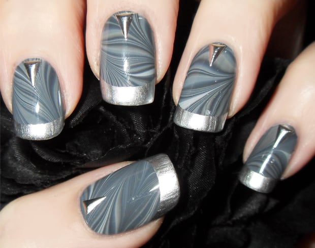 Gray and Silver Marble Nail Art