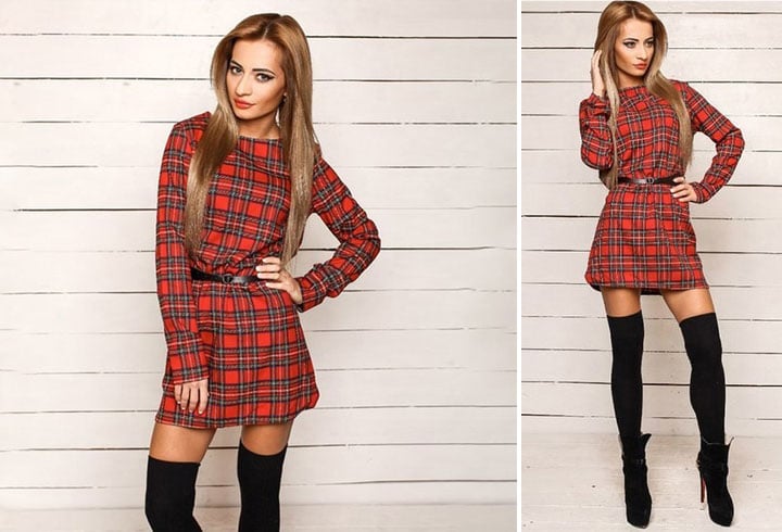 Plaid and Red With Knee Boots