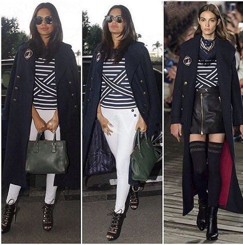 Esha Gupta keeping herself warm wearing a Tommy long overcoat