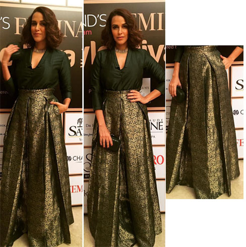 Neha Dhupia working a brocade skirt