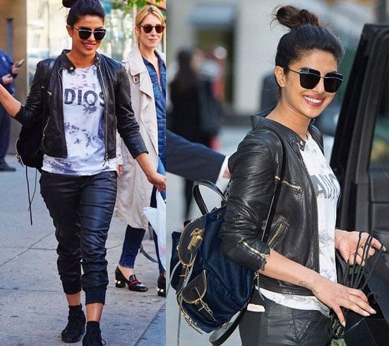 Priyanka carrying her black Giuseppe Zanotti backpack