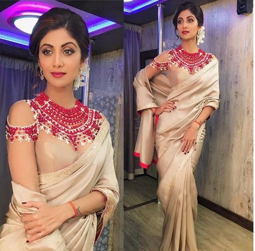 Shilpa Shetty With Cold-shoulder blouse.