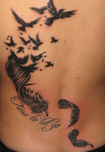 Feather With birds and names tattoo
