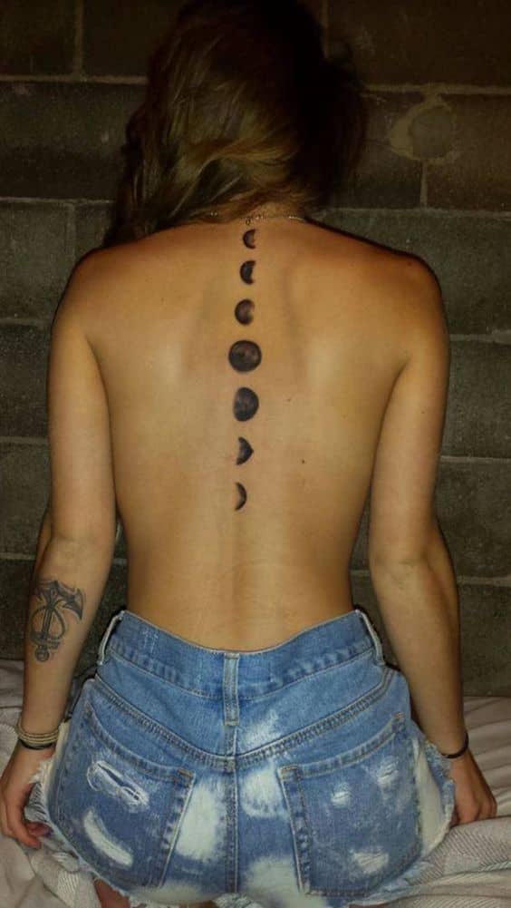 Dotwork Phases Of The Moon Tattoo On Girl Upper Back