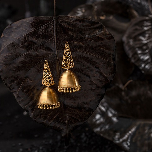 Triangular Filigree Gold Jhumkas from the Dhokra collection