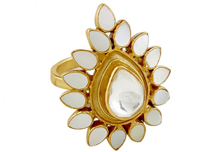  Mother of Pearl and Crystal Floral Ring