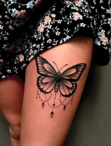 Bejeweled Butterfly Thigh Tattoo
