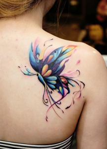 Giant Colorful Butterfly Back Tattoo