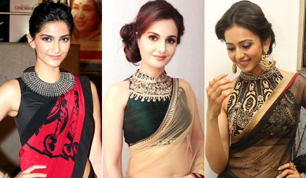 Wearing High Neck Blouse Designs With Gorgeous Sarees Show Right Here 