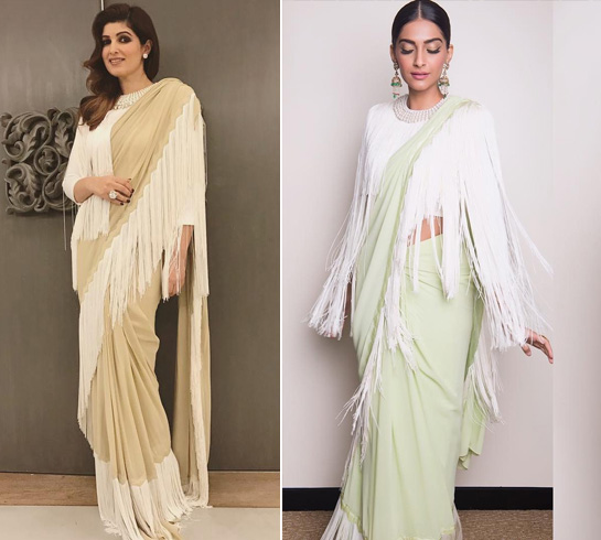 Twinkle Khanna and Sonam Kapoor In Fringed Abu Jani and Sandeep Khosla Saree