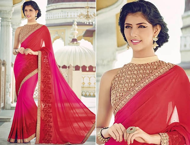 Chiffon saree with gold halter blouse