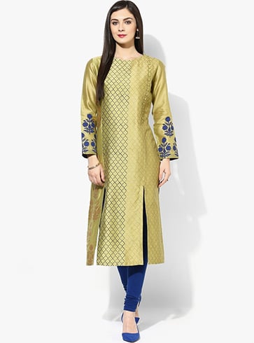 Indique Green Printed Front Two Slits Calf Length Kurta