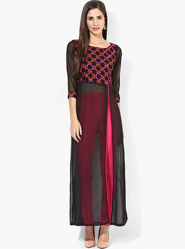Raindrops Black Embroidered Georgette Kurti With Front Open Slit
