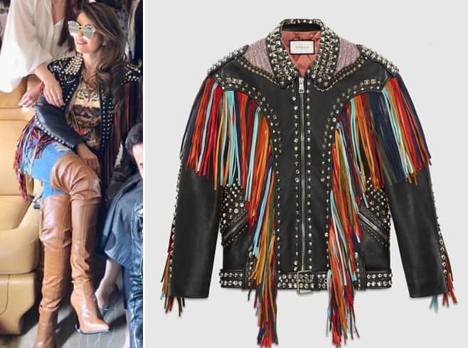 Natasha Poonawalla in Gucci fringe leather jacket