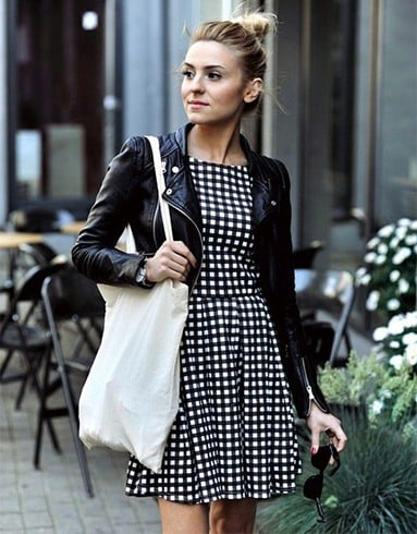 Gingham Dress With A Black Leather Jacket