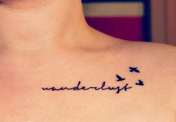 Birds And Stylish Letters Collarbone Tattoo Idea