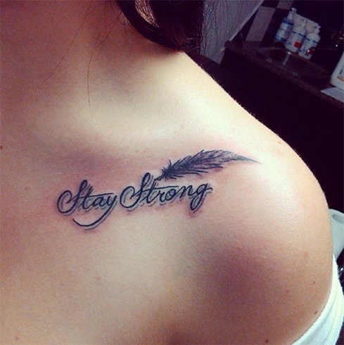 Collarbone Tattoo In Feather And Script Letters