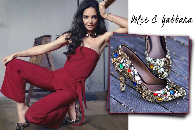 Katie Holmes wore Dolce & Gabbana Fall 2011 jeweled silk embroidery pumps