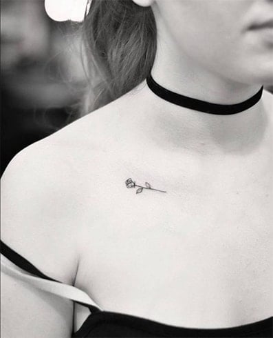 Little Rose Flower Tattoo On Right Collarbone