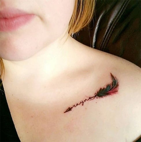 Red And Green Feather And Arrow Collarbone Tattoo Idea