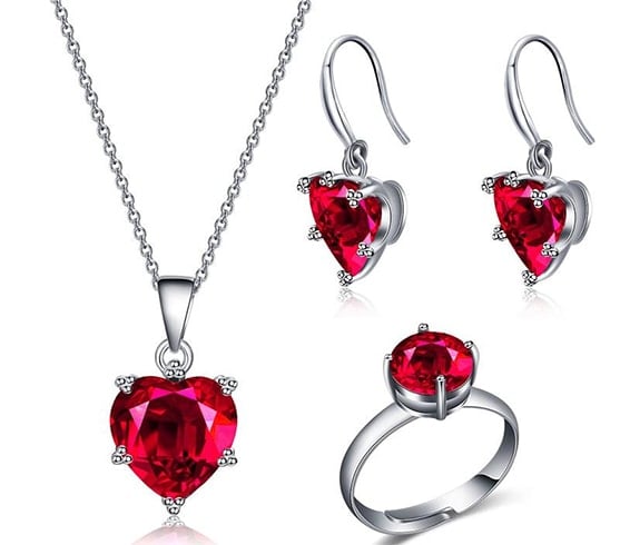 Red Heart White Gold Plated Ring Earring And Necklace Jewelry Set