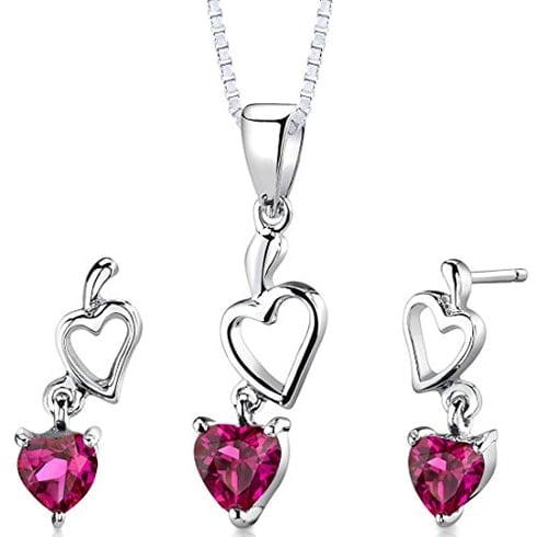 Rhodium Nickel Finish Heart Shaped Ruby Pendant Earrings Set